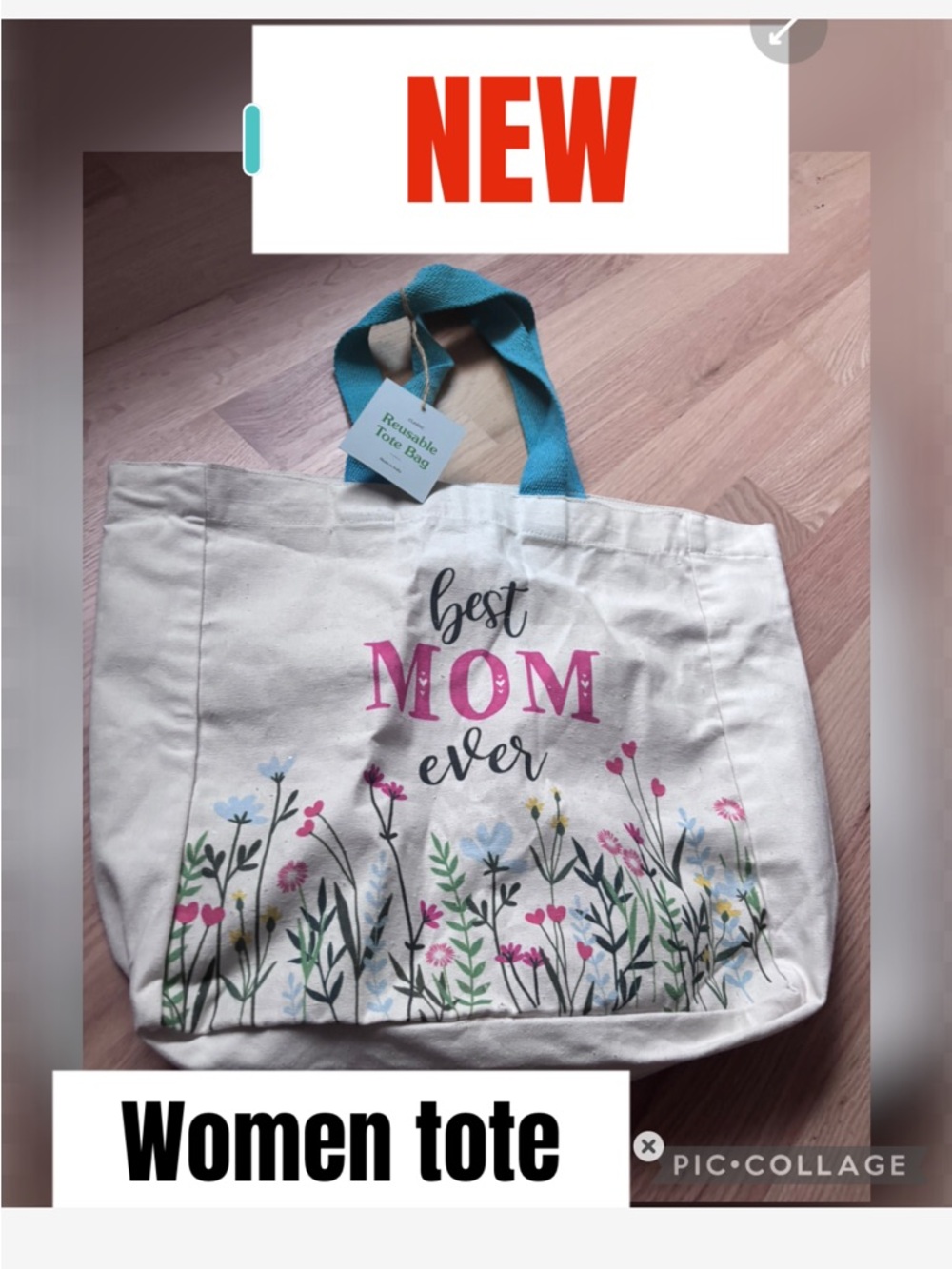 Best Mom Ever Floral Canvas Tote Bag - White with Teal Handles